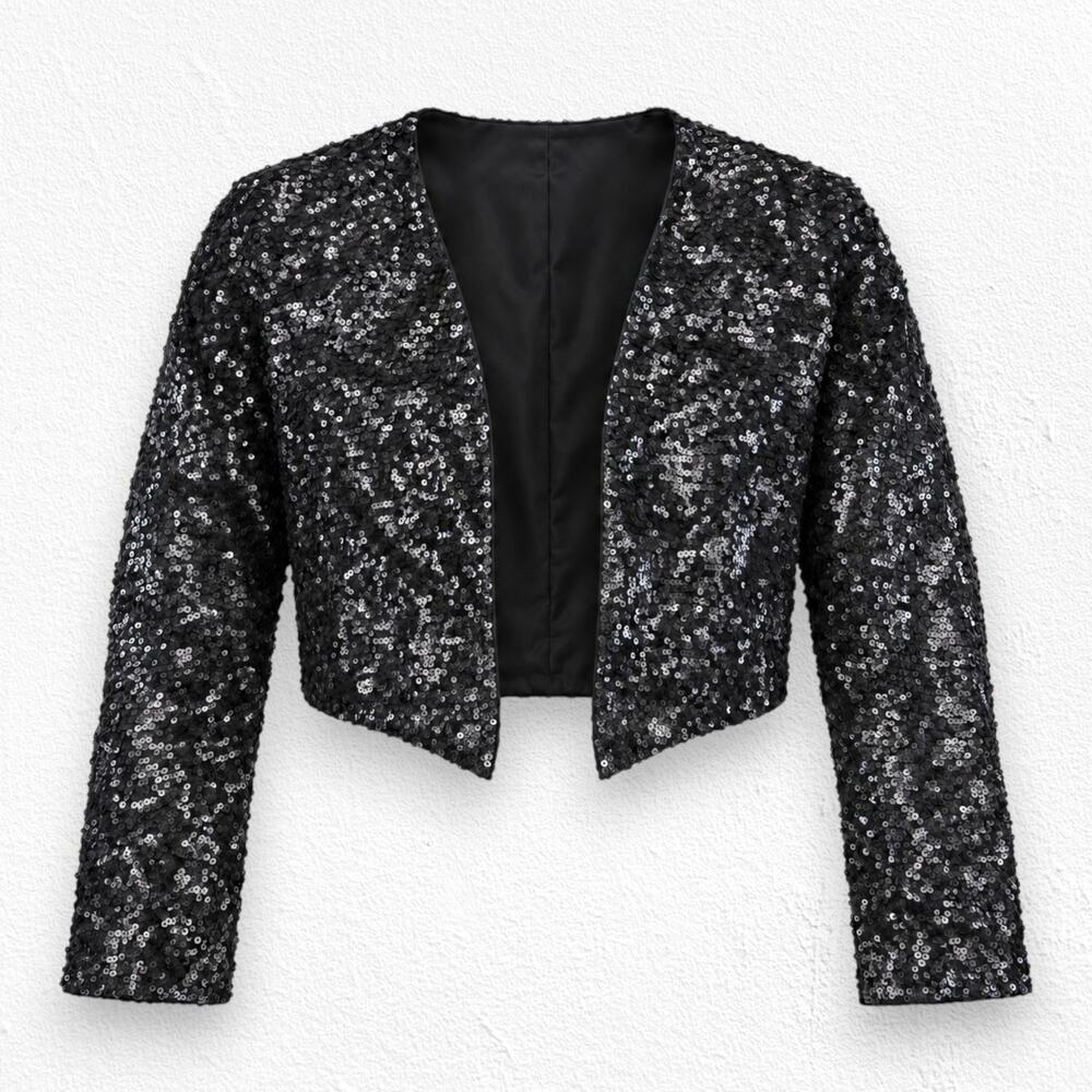 Material Girl Black Sequin Cropped Bolero Jacket Size XL Y2K Party Glam NWT